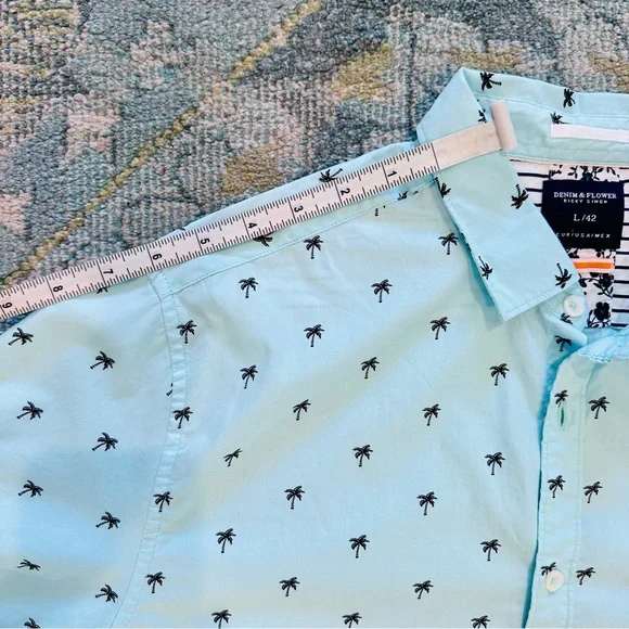 Denim & Flower Ricky Singh Mens Palm Tree Teal Collared Shirt Sz L slim fit NWOT - Picture 6 of 11